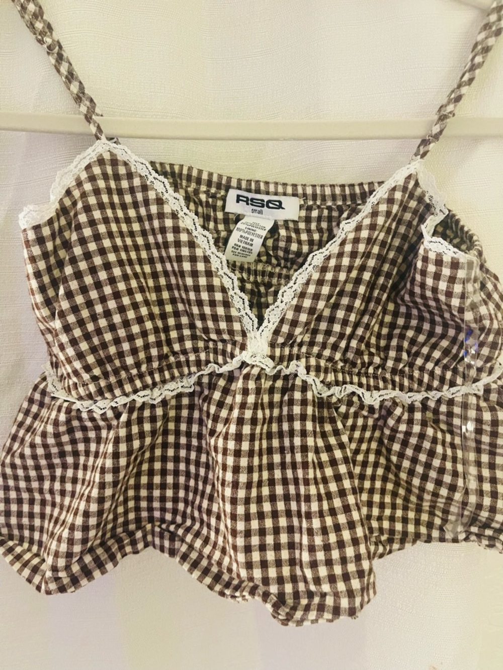 RSQ Brown and Cream Gingham Lace-Trim Cami